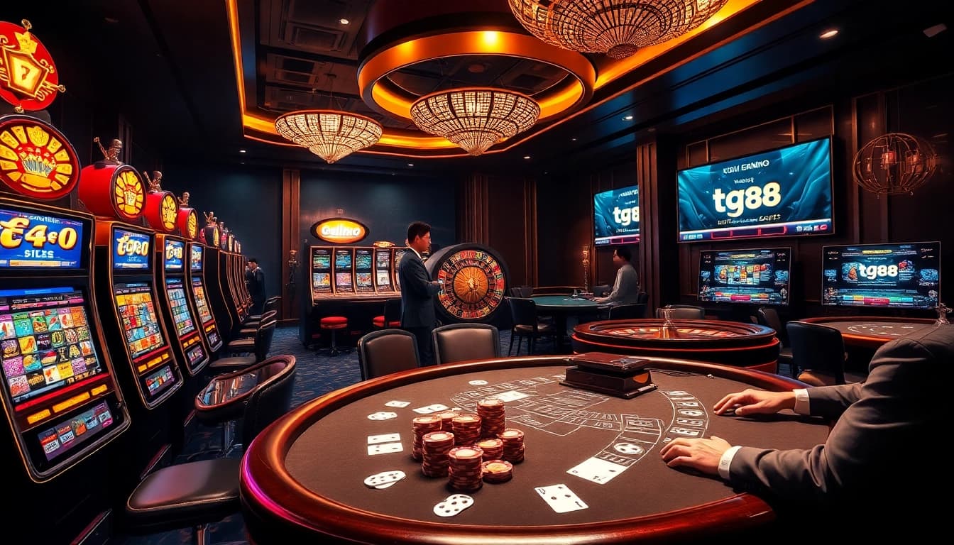 Gamblers enjoying thrilling casino games with tg88 platform, displaying excitement and high stakes.