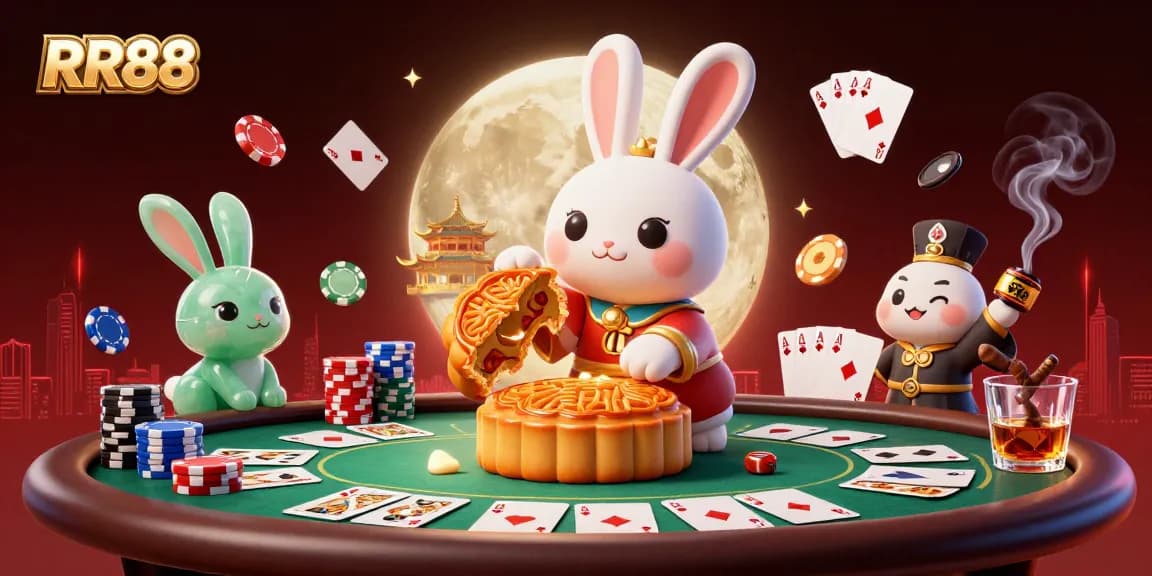 Experience RR88's thrilling casino atmosphere with vibrant poker elements and folklore characters.
