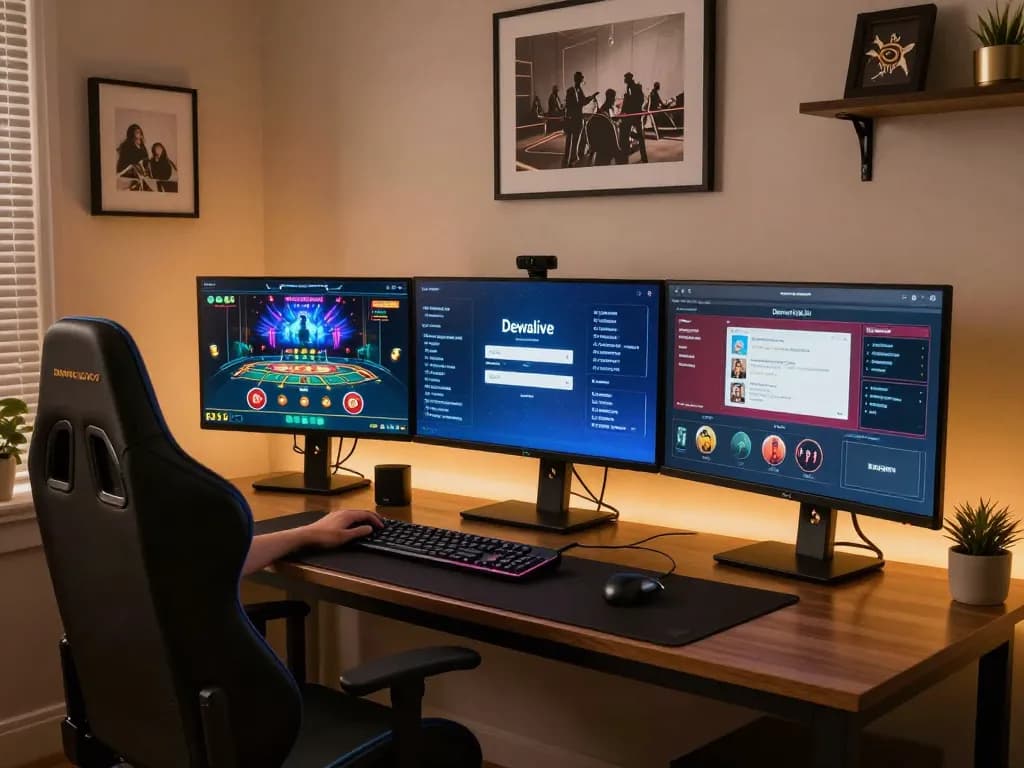 Dewalive Login interface showcased on multi-screen gaming setup, emphasizing strategic online casino gameplay.