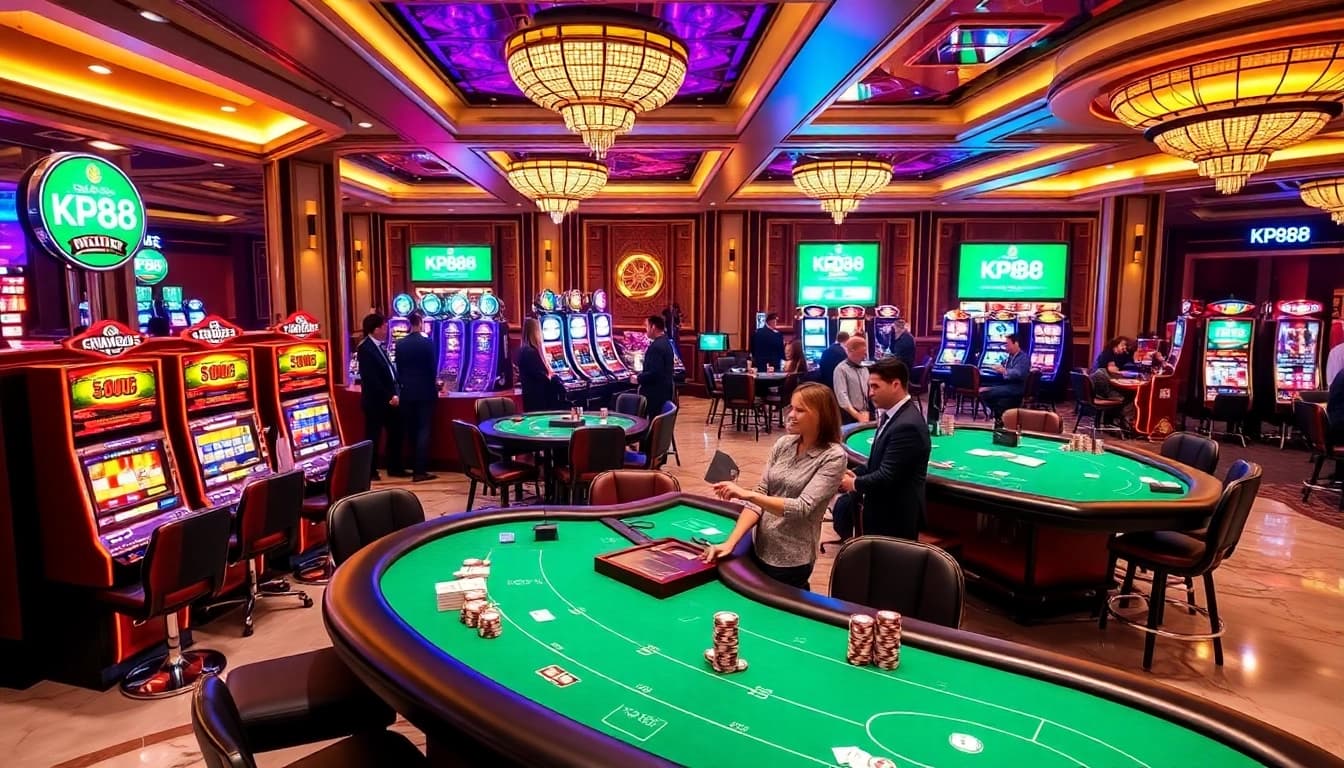 Engage in thrilling gameplay at KP88 with vibrant casino tables and slot machines.
