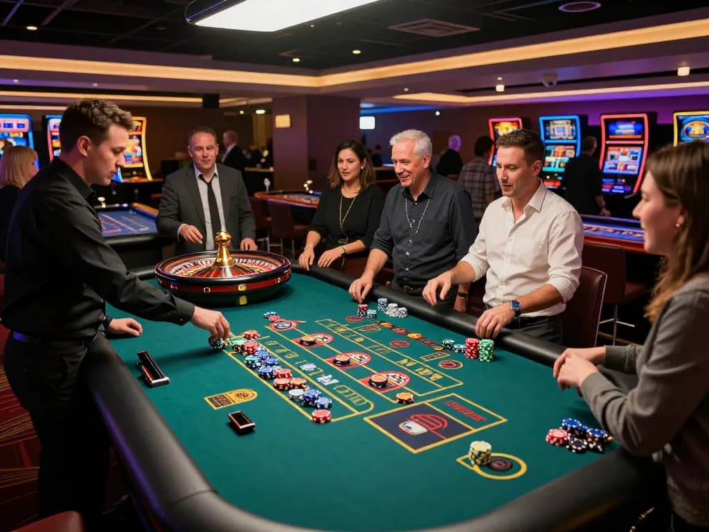 Players enjoying the thrill of non gamstop casinos around an active roulette table, vibrant atmosphere.