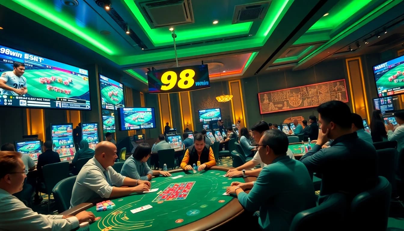 Exciting gaming atmosphere featuring 98win online casino with players engaged in poker and sports betting.