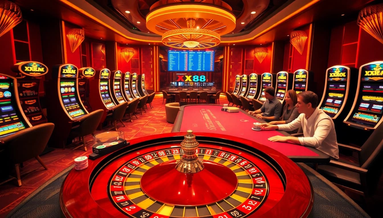Betting excitement at IX88's vibrant casino with roulette, blackjack, and slot machines.