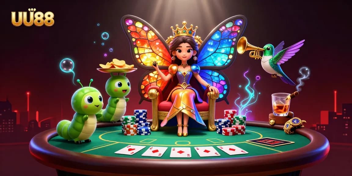 Experience the lively atmosphere of UU88 with vibrant poker elements and a fantastical butterfly queen.