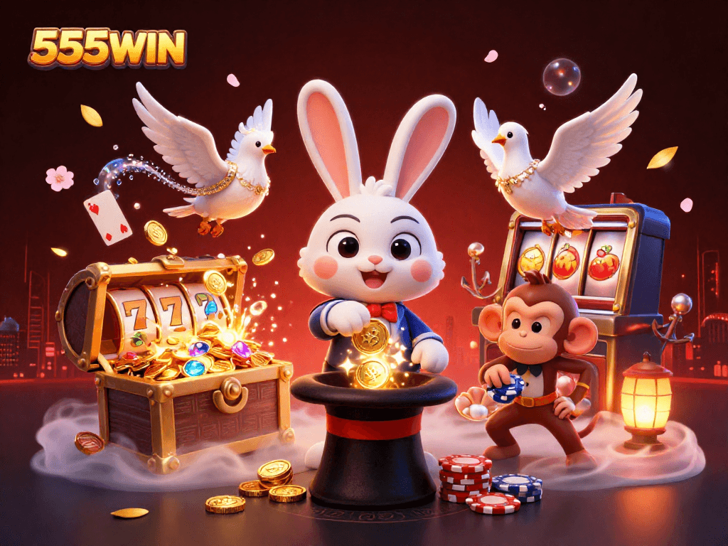 Experience winning moments at 555WIN with a magician rabbit, dove, and monkey in a vibrant casino scene.