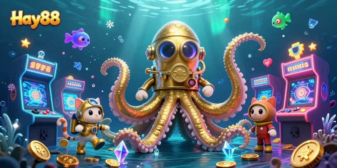Hay88 features a colossal kraken in a treasure-filled ocean packed with animated casino elements.