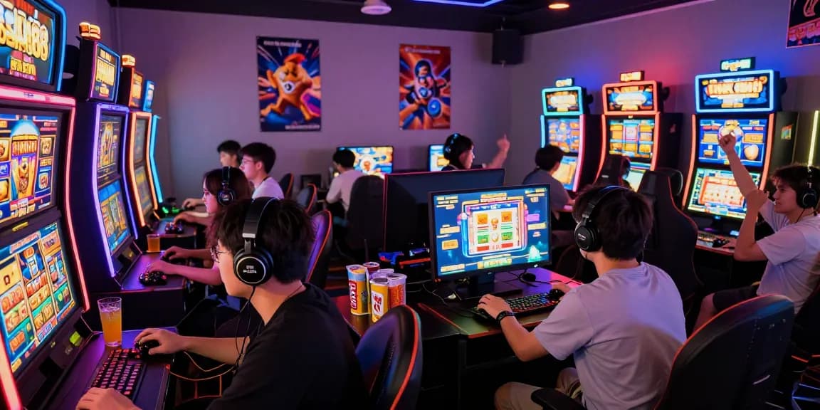 Excited players enjoying OSAKA88 online slots with vibrant lights and gaming gear.