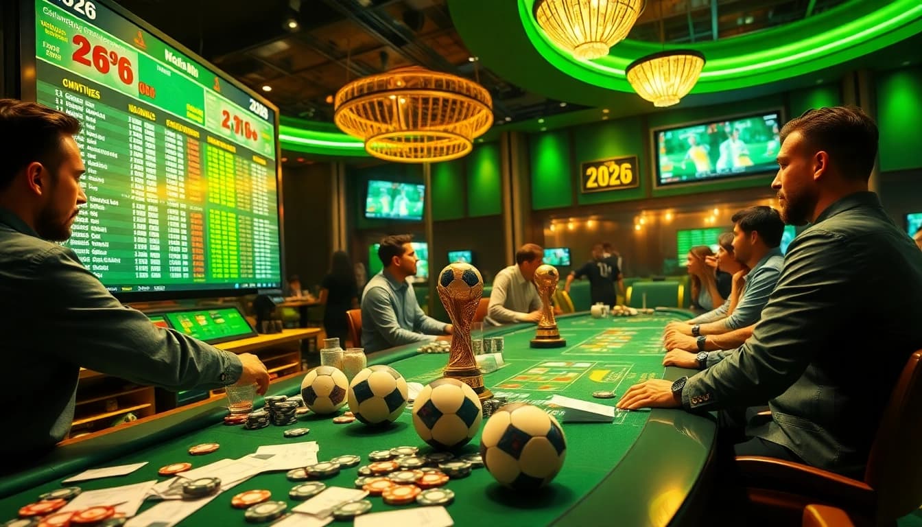 Situs Judi Bola Piala Dunia 2026: Enthusiastic gamblers engaging in sports betting at a vibrant casino.