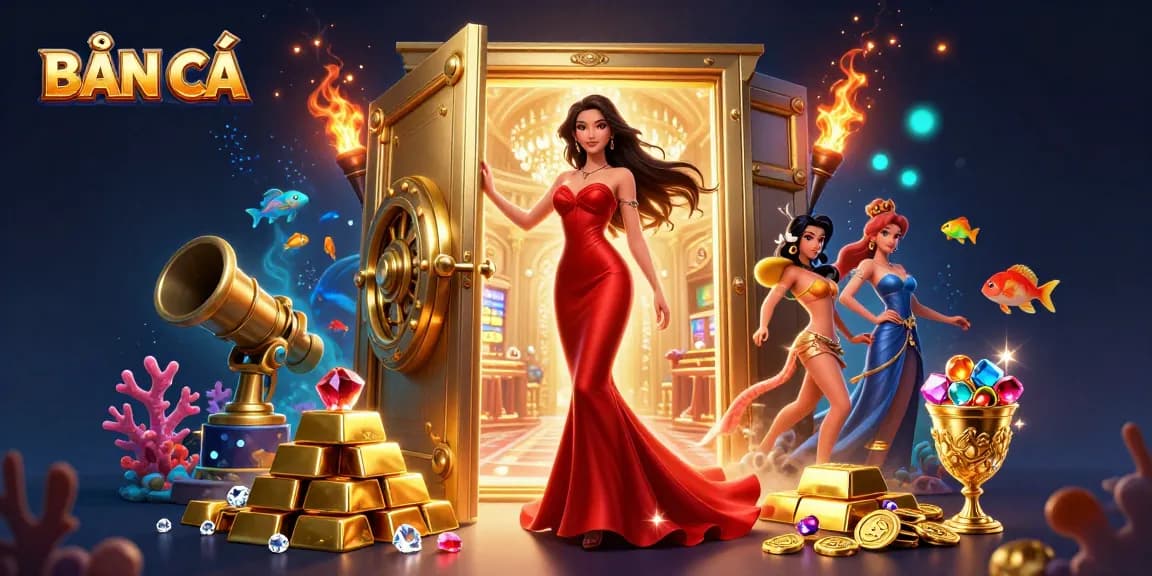 BẮN CÁ game features a stunning Asian woman in a red gown with dazzling treasures and underwater elements.