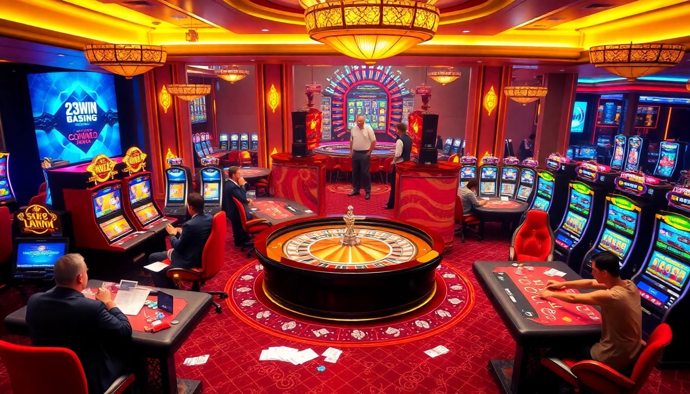 Players enjoying an immersive casino experience at 23win with engaging slot machines and a vibrant roulette wheel.