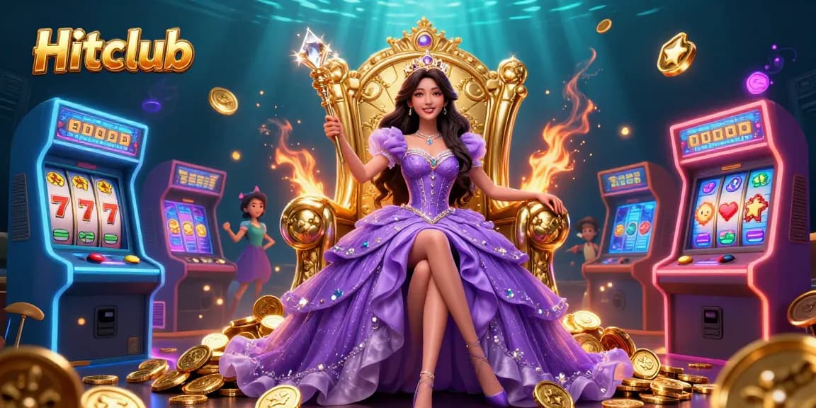 Hitclub showcases a stunning Asian princess in a casino-themed scene with colorful slot machines.