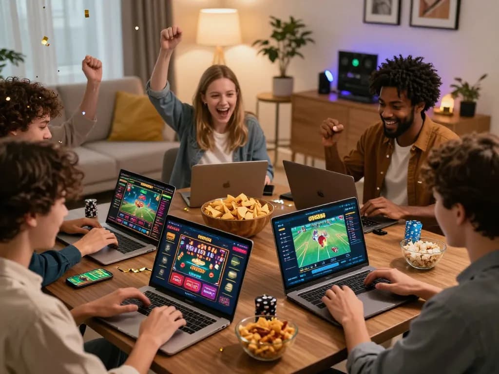 Engaged players enjoying diverse games on OPEN88 COM in a lively home setting, reflecting excitement and camaraderie in online betting.