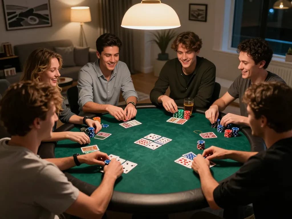 Friends enjoying a challenging game of Texas Hold'em poker at home, showcasing the social aspect of pokerseri.
