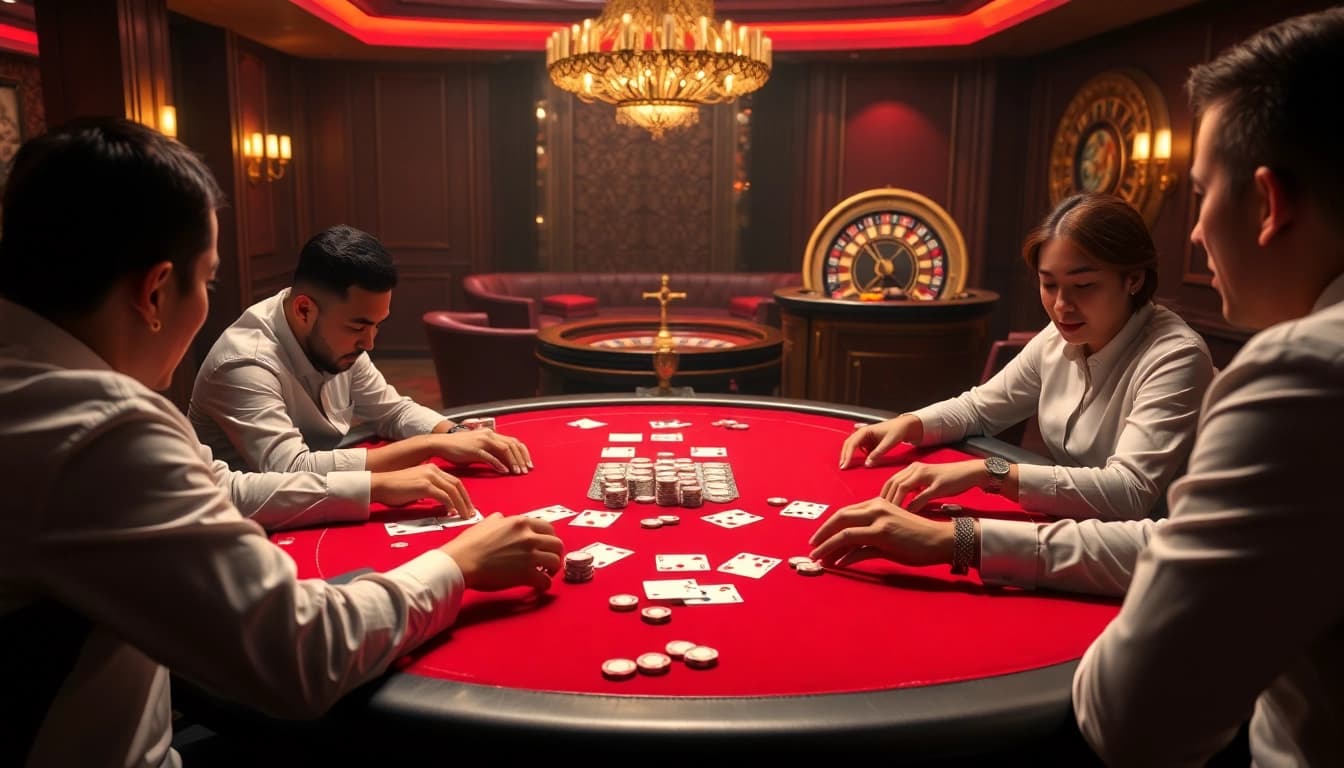Players enjoying an intense poker game at 68 Game Bài, showcasing luxury and excitement.