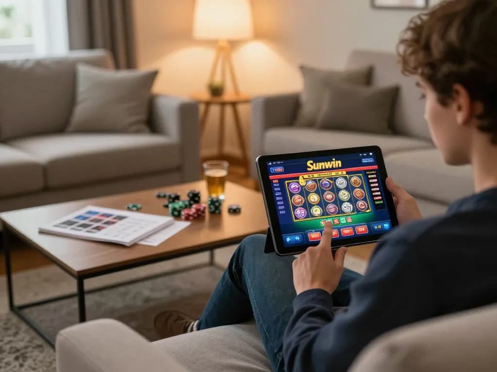 Player engaged in a dynamic online gambling session on Sunwin app, showcasing tablet gameplay and strategic notes in cozy setting.