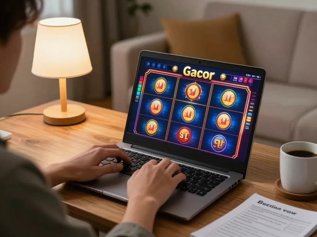 Person playing slot gacor online on a laptop in a cozy living room, showcasing strategic gameplay.