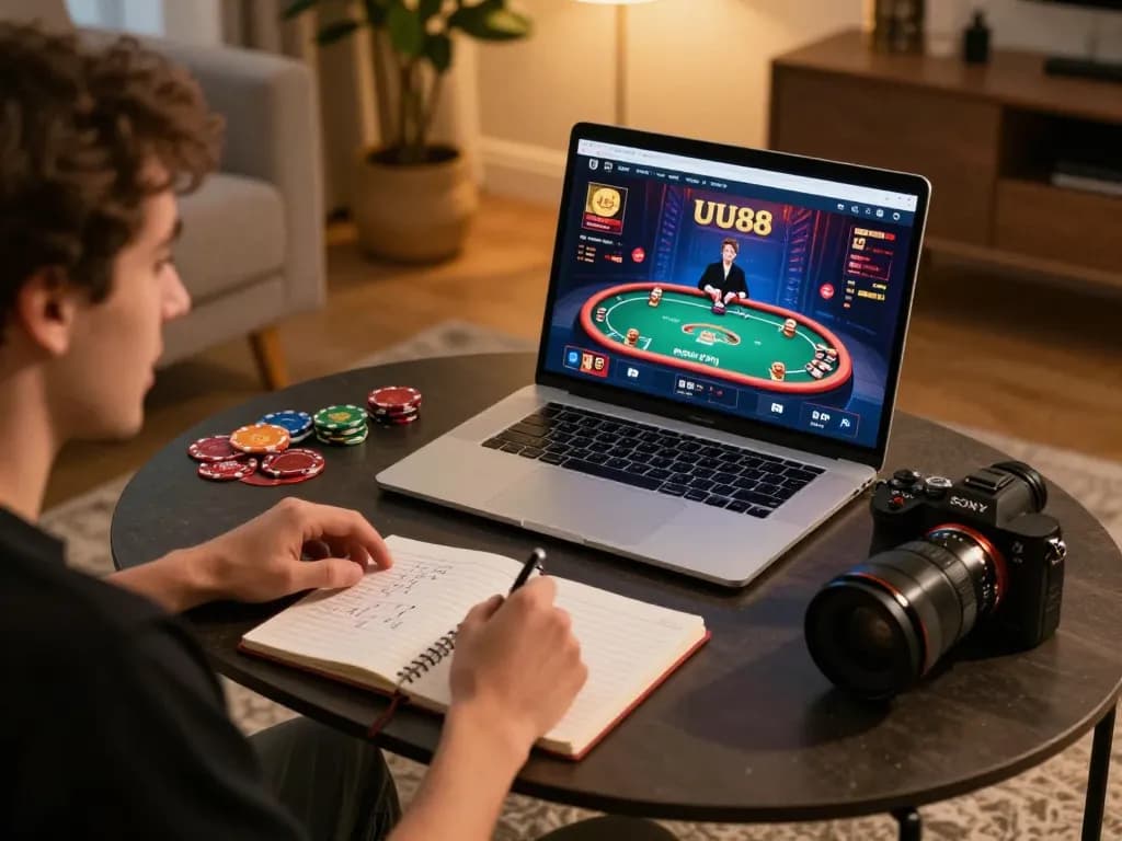 Engaging in a dynamic poker game on UU88 with strategic notes and warm home ambiance