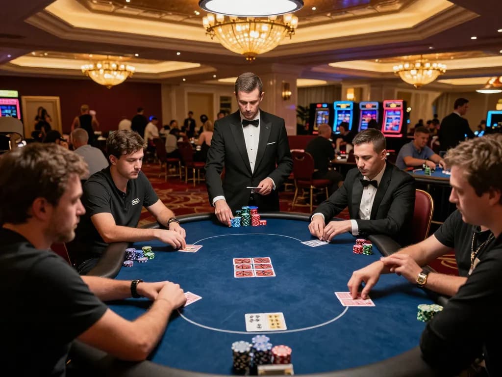 Engaging poker players strategizing bets while showcasing botanicabali casino atmosphere with elegant decor and lively game.