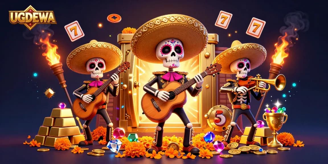 Experience the excitement of UGDEWA with a vibrant mariachi band surrounded by jackpot symbols and treasures.
