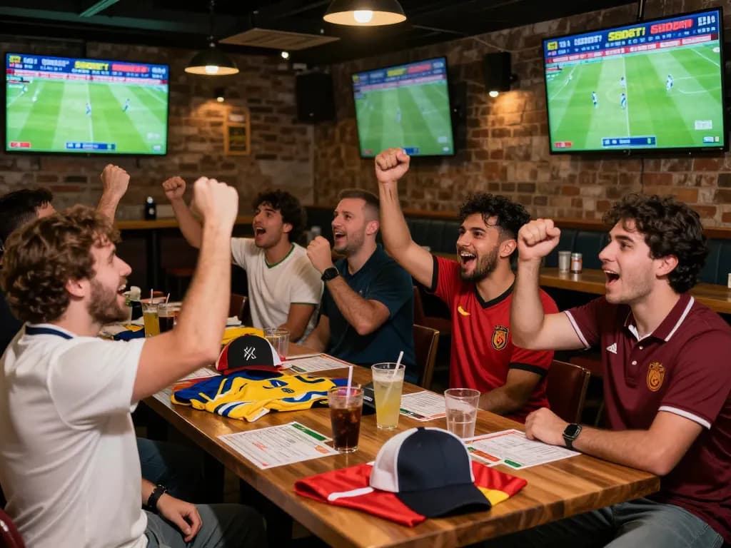 SBOBET fans enjoying live sports betting in a lively bar atmosphere with multiple screens