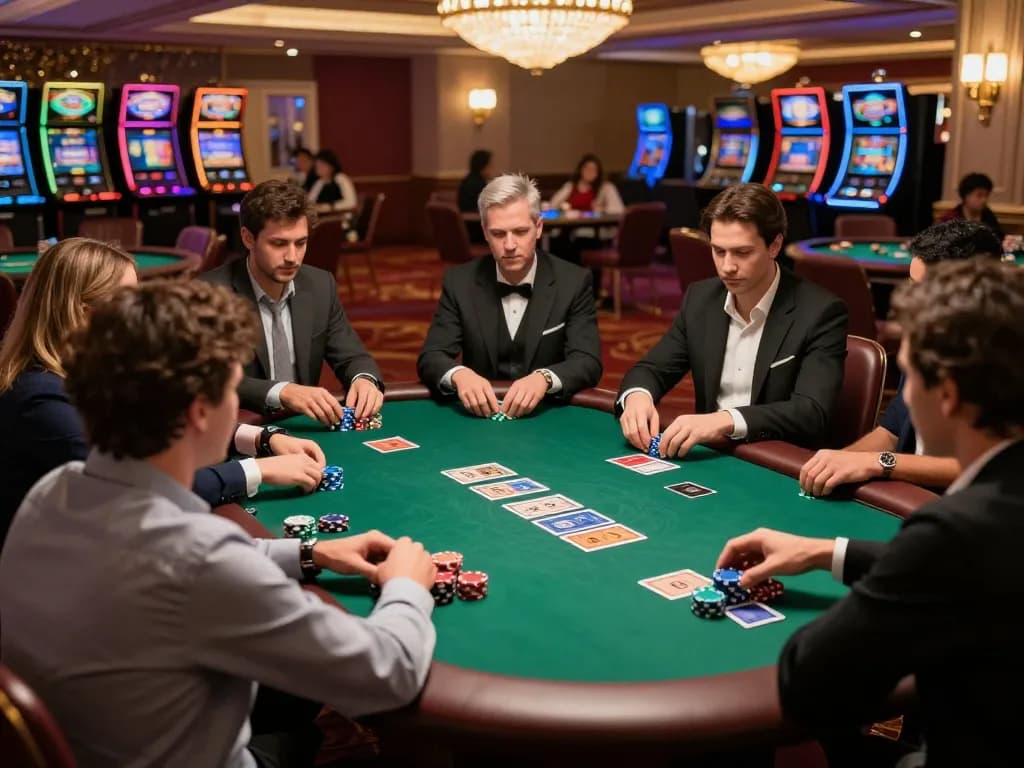 Kuwin poker players engage in high-stakes action at an upscale casino table.