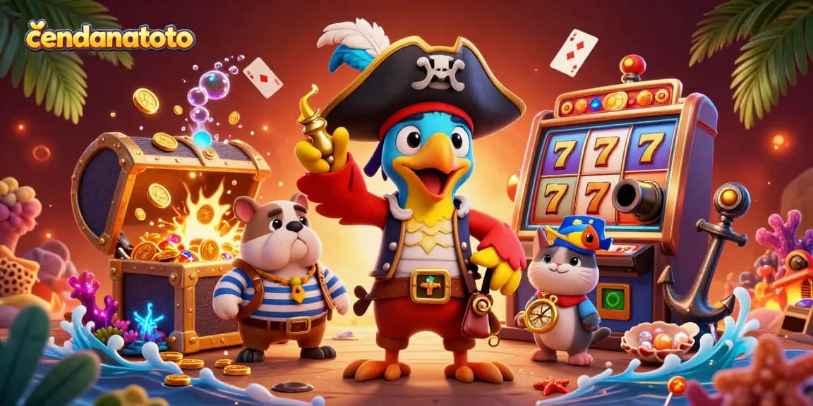 Spin the reels with cendanatoto's vibrant casino-themed illustration featuring pirates and treasures.
