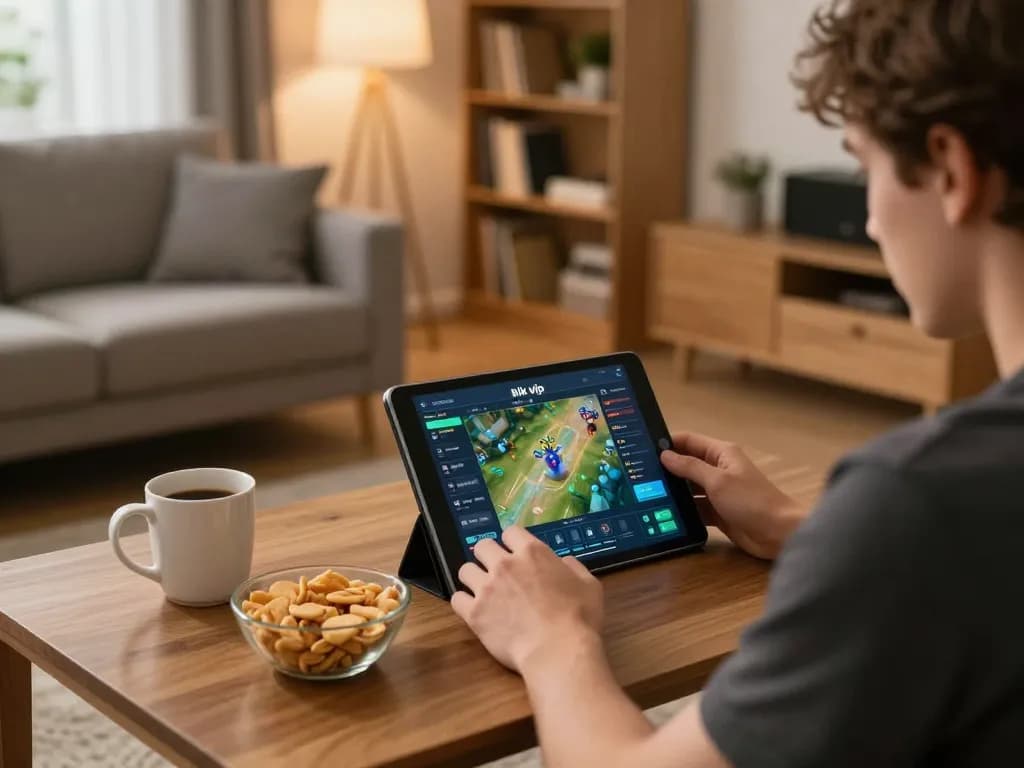 Engaging with rik vip online gaming on a tablet in a cozy living room environment