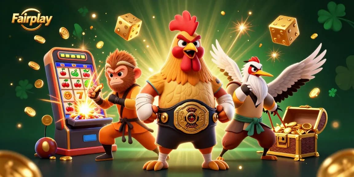 Play big with Fairplay's exciting 3D casino scene featuring vibrant symbols and characters.