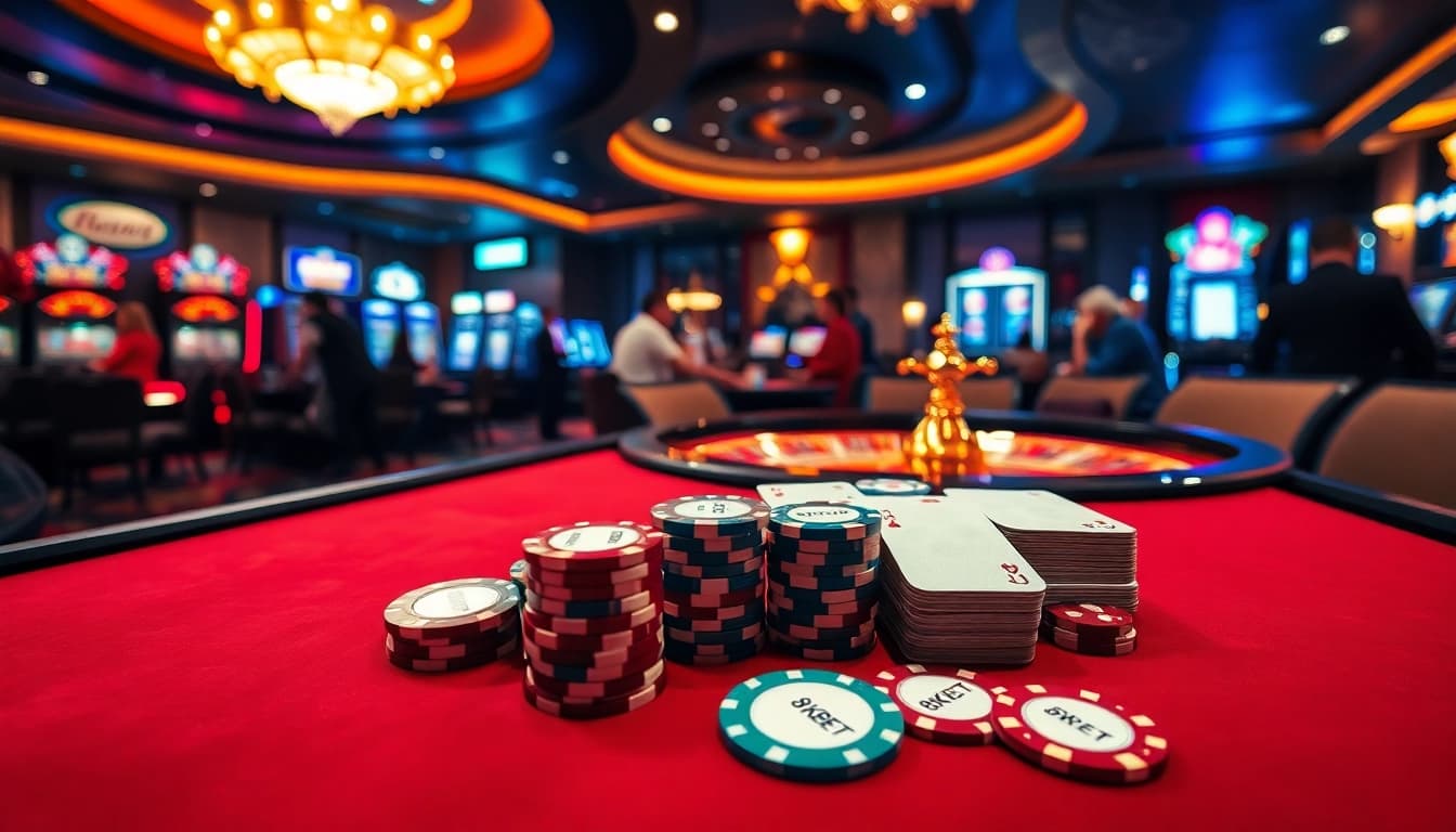 Engaged players at the luxurious 8KBET casino table, highlighting the thrill of gambling.