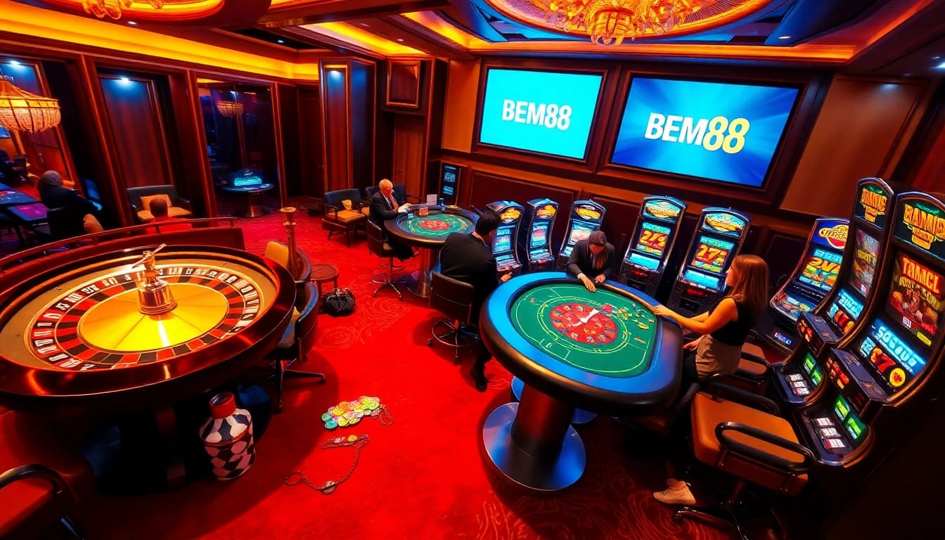 Players immersed in a thrilling BEM88 casino experience with roulette, chips, and excitement.