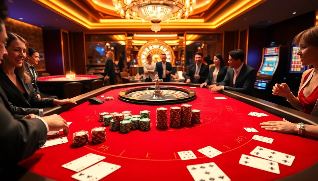 Engaging players at nhà cái gk88 competing at a baccarat table in a luxurious casino.