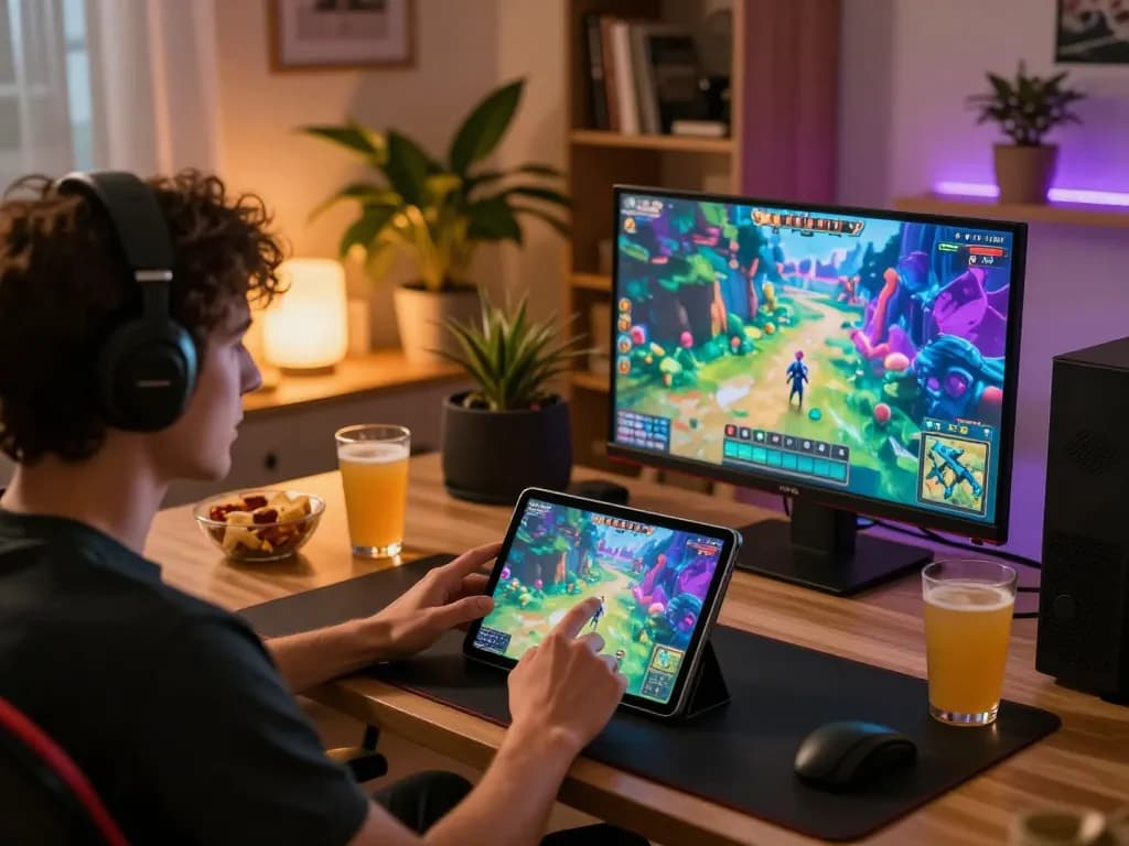KADAL778 player engaged in an online gaming session with tablet and snacks in a cozy setup