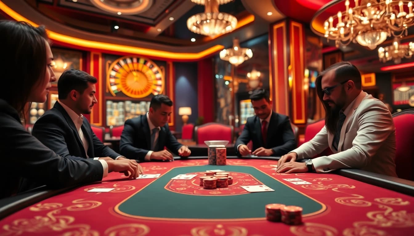 Experience the excitement of gambling at https://8xxcom.app/ with professional players at a luxurious poker table.