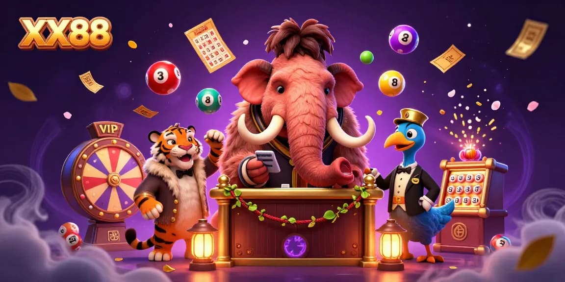 Engage with lottery fun at XX88 with a vibrant casino scene featuring colorful elements and playful characters.