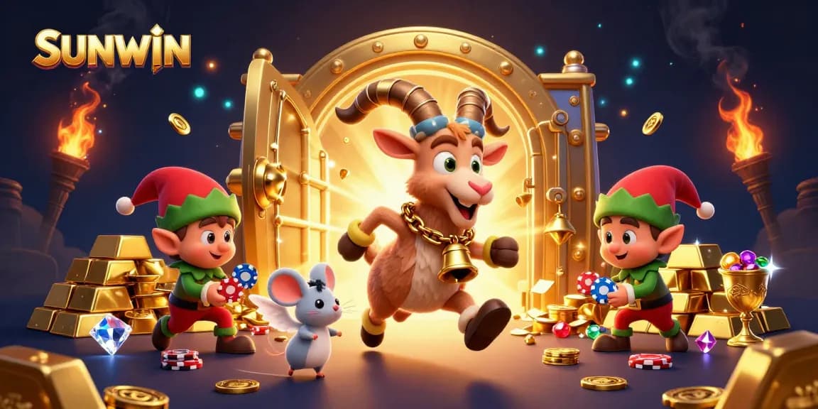 SUNWIN casino scene with a Krampus goat, angel mouse, and elf gremlins navigating a festive and chaotic gaming environment