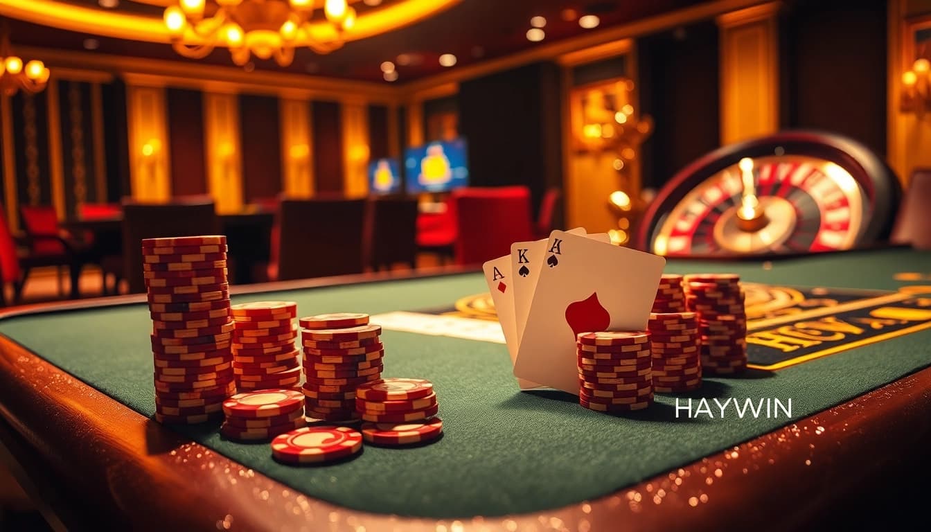 Experience the thrill of gambling at HAYWIN casino with vibrant poker chips and luxurious decor.