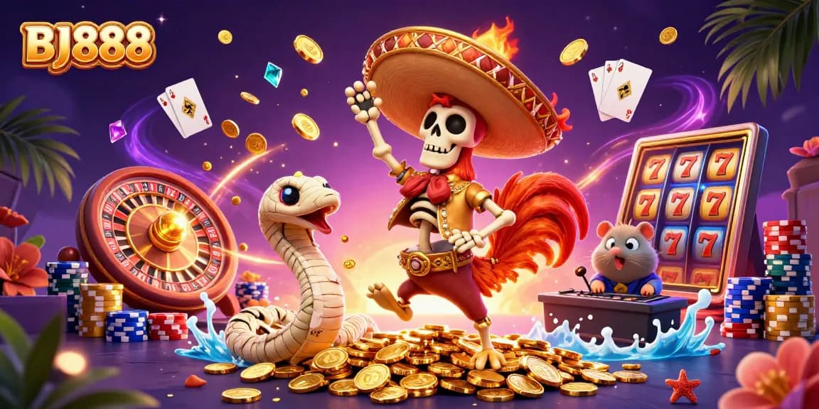 BJ888 presents a vibrant casino scene featuring dancing characters, golden coins, and animated slot reels.