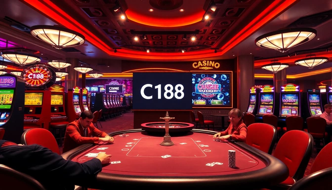 C168 gaming scene featuring vibrant poker action and lively slot machines in a luxurious casino.