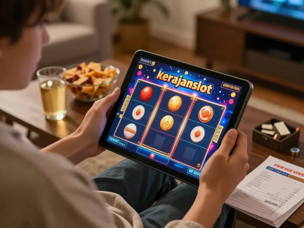 Engaging home gaming scene with a player enjoying kerajaanslot on a tablet, illustrating responsible gambling.