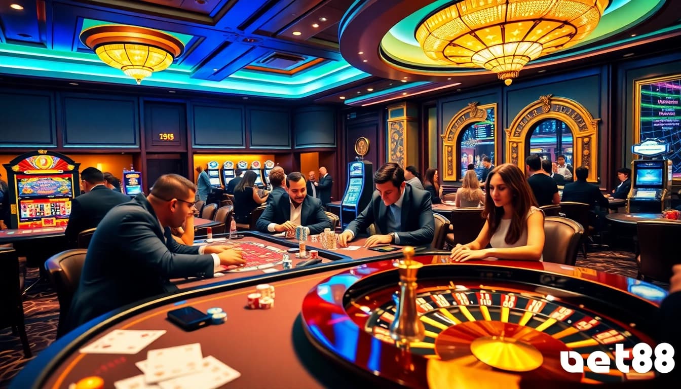 Excited gamblers enjoying games at Bet88 casino tables featuring cards and dice.