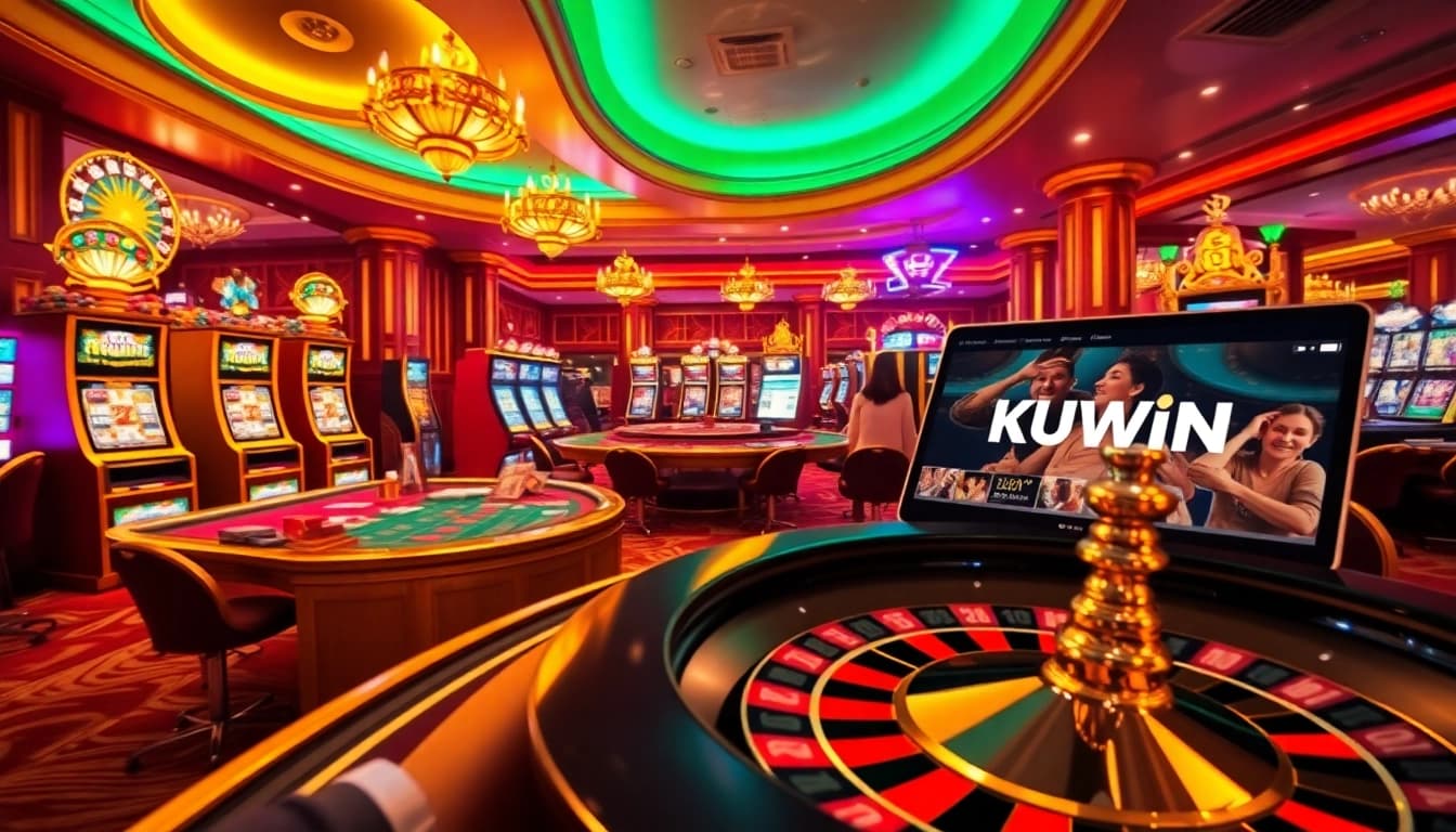 Kuwin players enjoy an exhilarating game at a luxurious casino table with vibrant slot machines.