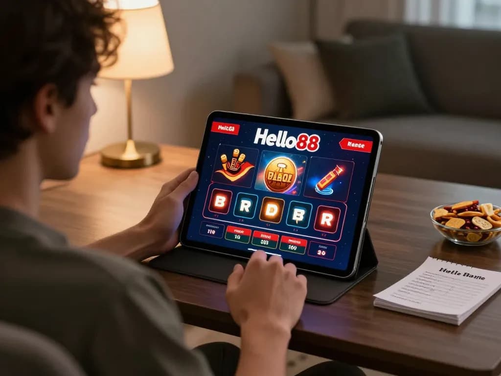 Hello88 user engaging in online gaming with tablet and snacks, showcasing a comfortable betting environment.