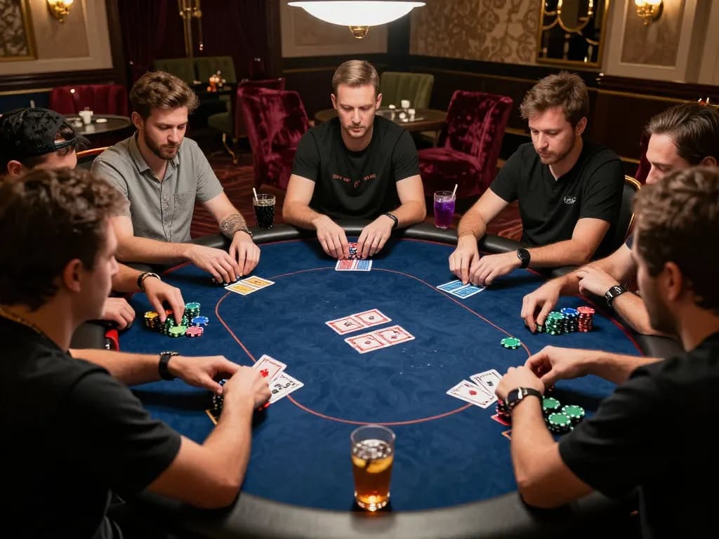 MM88 poker game in upscale casino showcasing players strategizing bets and chips