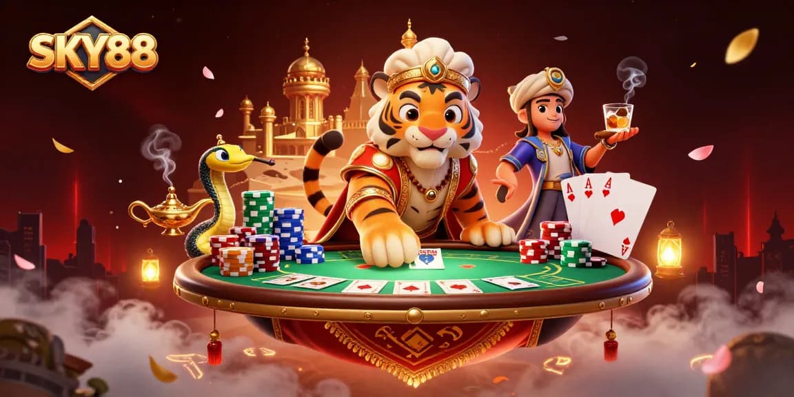 Experience gambling excitement with SKY88 in a vivid scene full of action, poker chips, and lively characters.