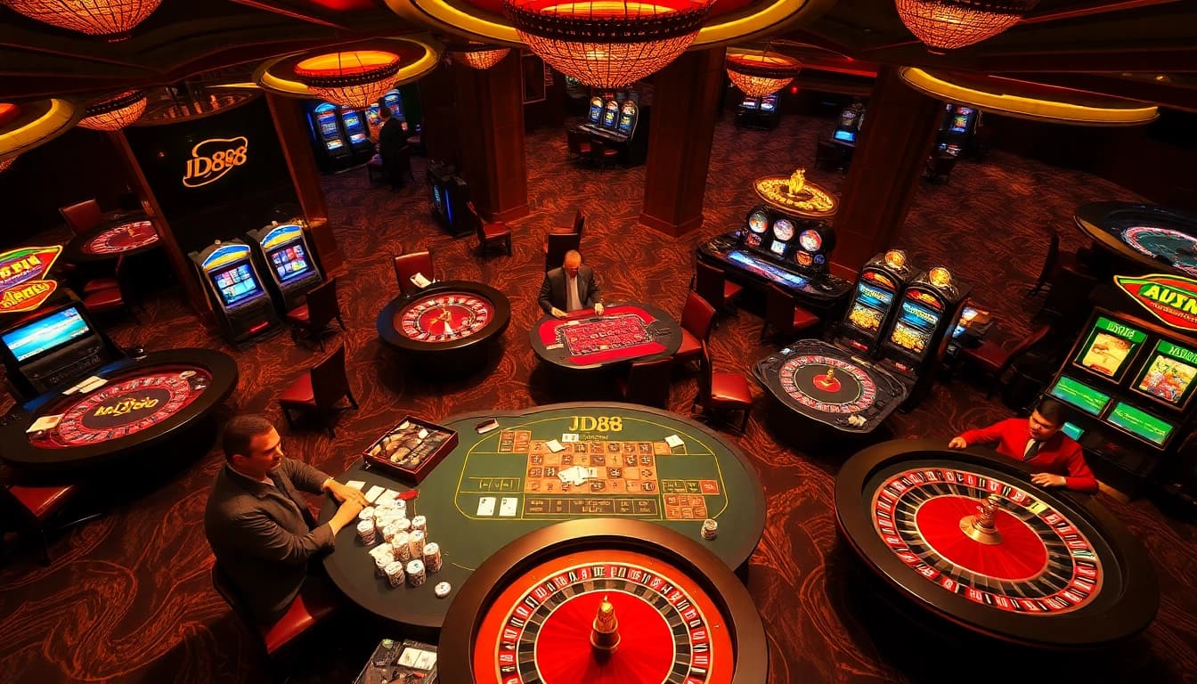 Cảnh hấp dẫn tại Nhà cái JD88 với bàn casino sinh động, người chơi và máy đánh bạc sáng rực.