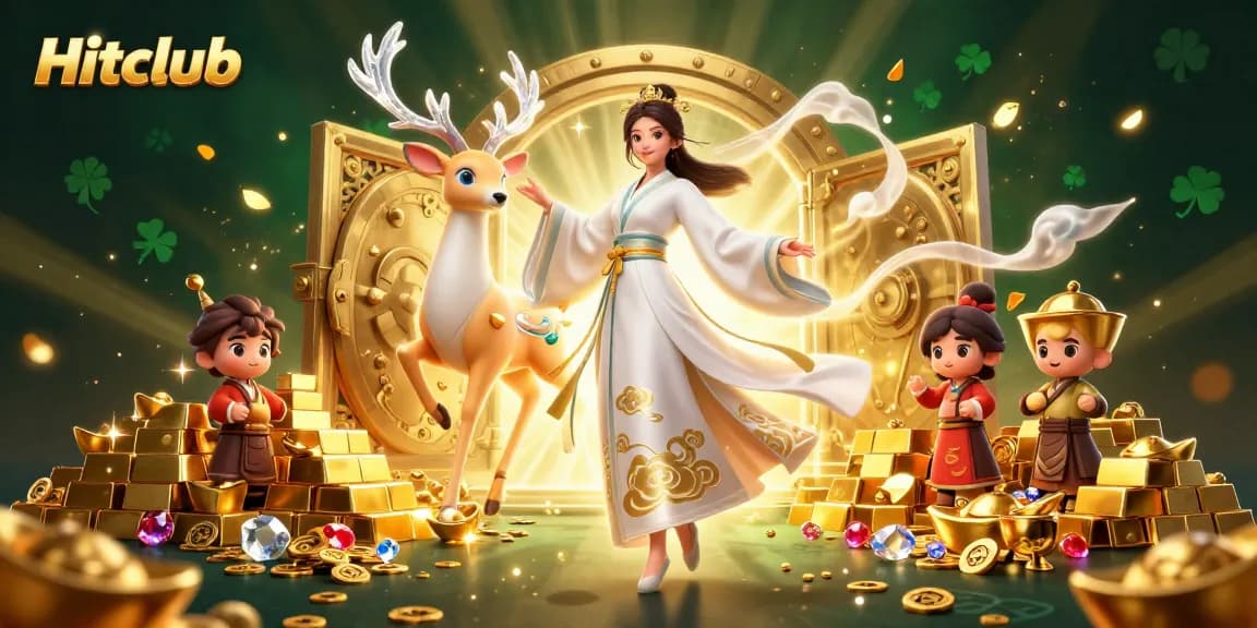 Hitclub offers exciting casino adventures with a vibrant illustration of a woman winning treasures.