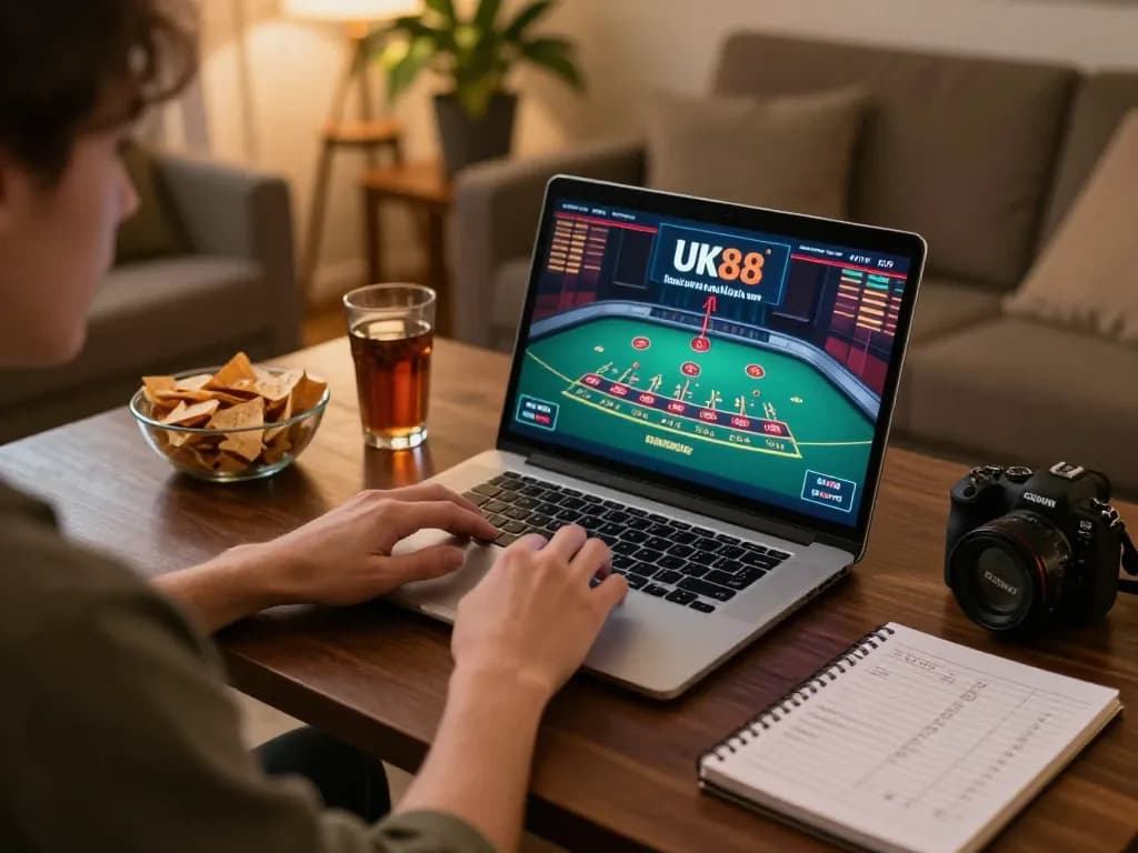 Engaging in live dealer game on UK88 platform, depicting responsible online gambling in a cozy home setting