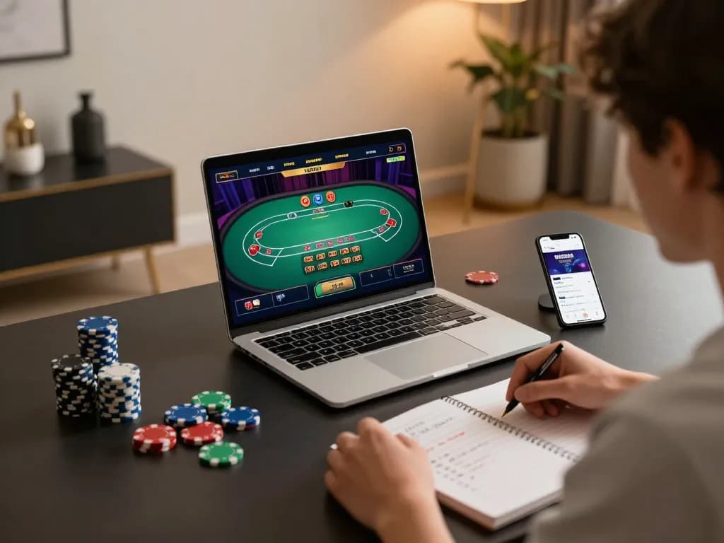 KONG88 player engaging with online poker game on modern desk with gaming laptop and smartphone.