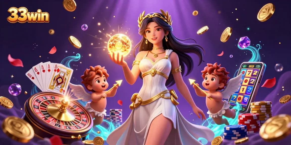 Win big with 33win in this dynamic 3D illustration showcasing exciting casino elements.