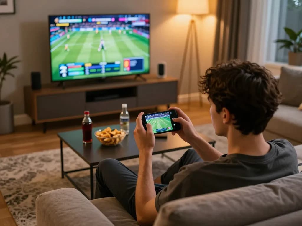 Jun88 player enjoying live sports betting on smartphone in cozy living room setting
